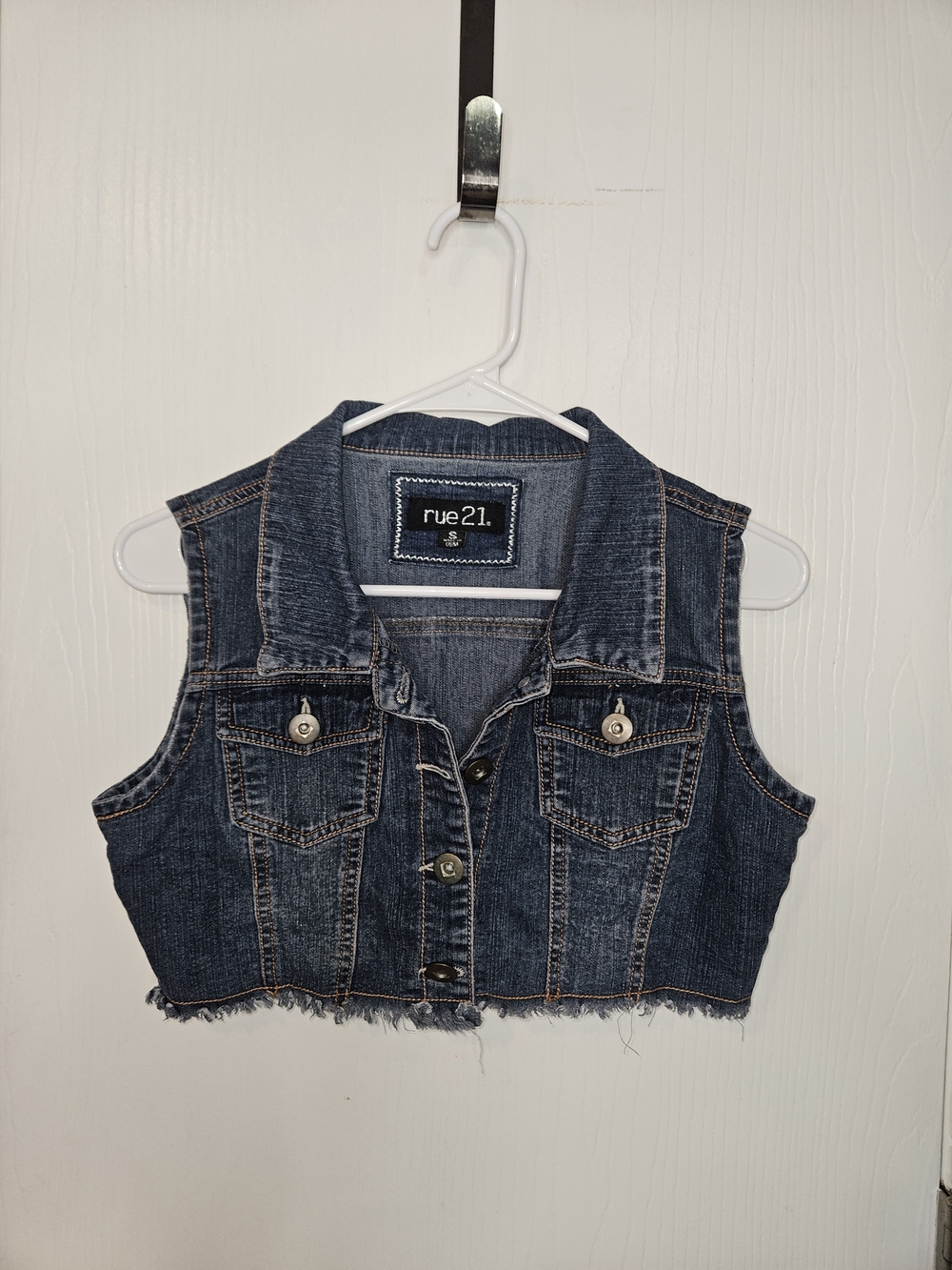 Rue21 Dark Blue Cropped Denim Vest with Frayed Hem